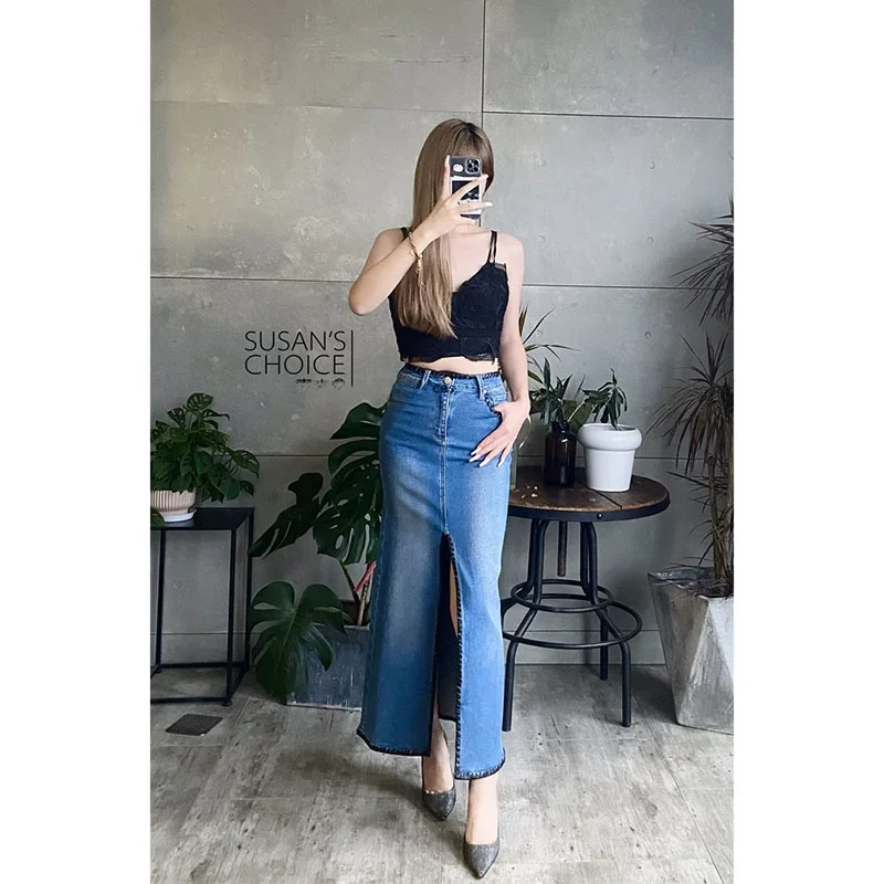 

Faionable Retro High Waist Midi Skirt Slit Design Casual Versatile Denim Skirt A-Line Skirt by Liane SUSAN