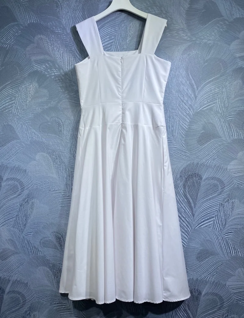 Cotton Dress 2024 Spring Summer Fashion Design Dress High Quality Ladies Spaghetti Strap Beading Deco Sleeveless White Dress