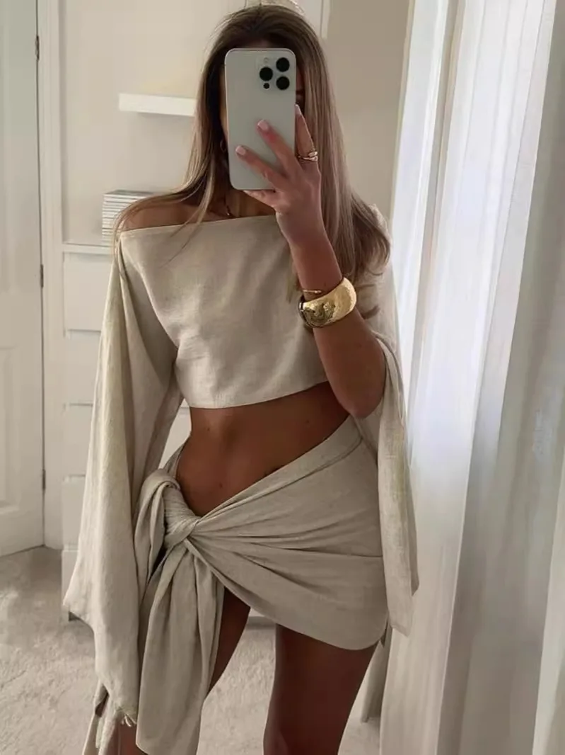 White Elegant Women Summer Vacation Cotton Linen Crop Top 2 Piece Set Fashion White Mini Skirt Suits 2024 New Lady Beach Outfits