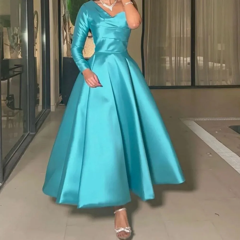 

A-Line Sweetheart One Shoulder Satin Photo Color Full Sleeves Temperament Evening Dresses Ruffles Pleats Saudi Arabia 2024