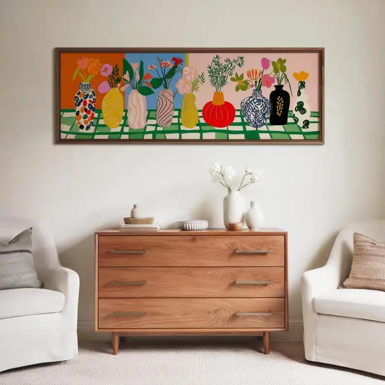 Large Abstract Matisse Style Floral Panoramic Canvas Prints, Unframed Modern Vase Canvas Wall Art for Living Room, Bedroom Decor