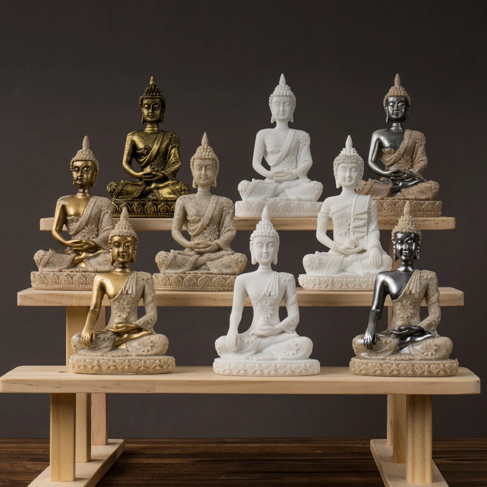 

Southeast Asian Buddha Figurine Resin Sandstone Seated Buddha Craft Zen Meditation Home Living Room Entrance Decoration