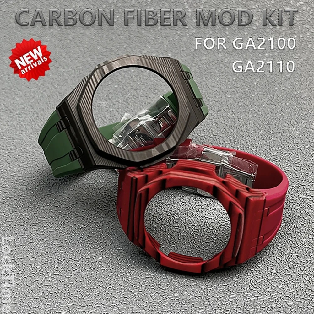 For CasiOak Carbon Fibre Mod Kit for G SHOCK GA2100 / GA2110 Rubber Correa Strap & Stainless Steel Watch Buckle DIY Modification