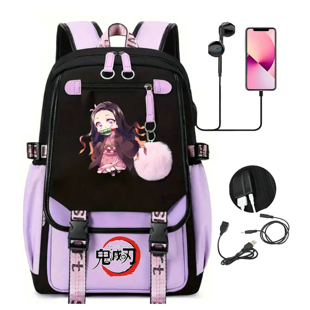 Demon Slayer Anime Sac à dos en toile pour femme, sac à dos pour ordinateur portable, sac à dos pour fille, sac à dos pour adolescent, Nezuko