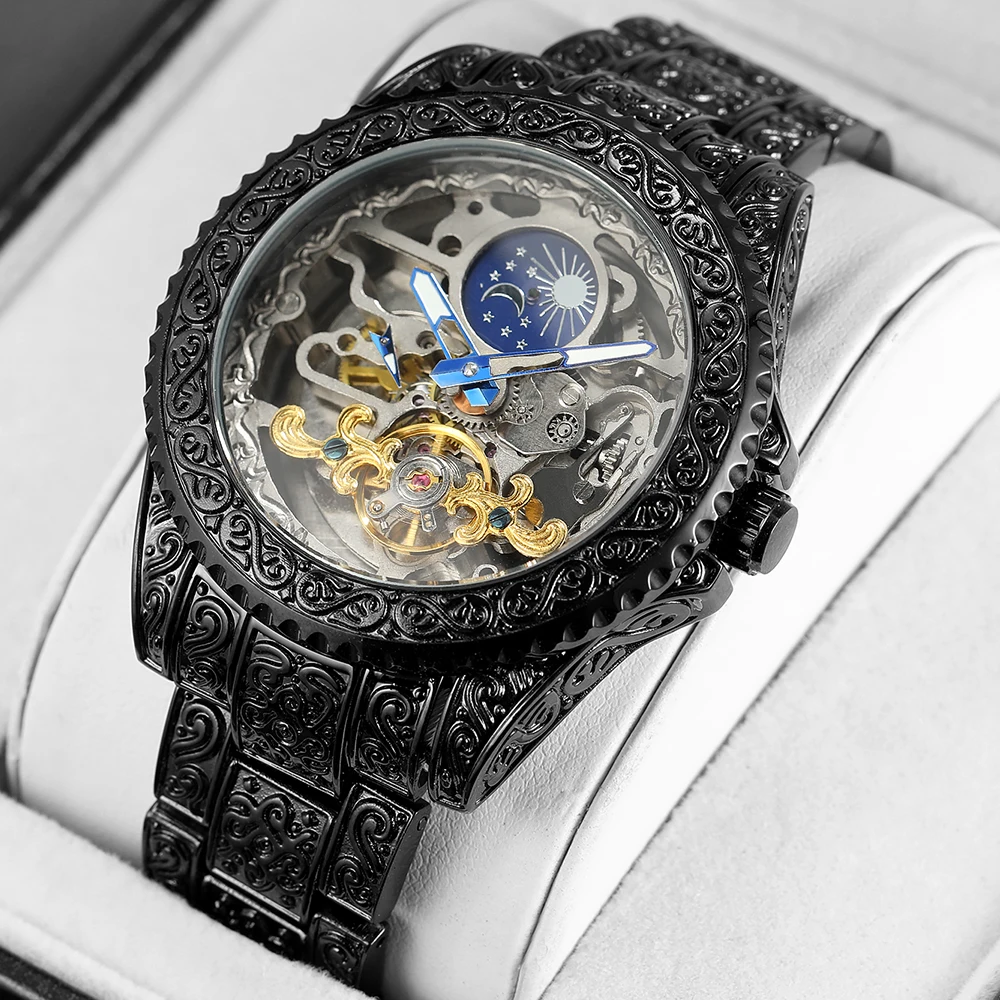 Forsining Luxury Gold Skeleton Mechanical Watches Moon Phase Retro Engraved Luminous Tourbillon Automatic Mens Watch Steel Strap