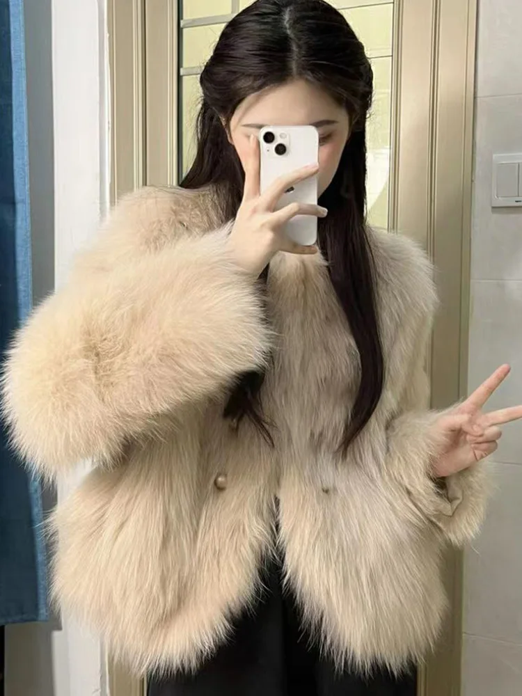 Nepbont Vrouwen Elegante Jas Winter Mode Lange Mouw Warme Jas Koreaanse Faux Vos O Hals Vrouwelijke Zoete Effen Chic Uitloper Tops
