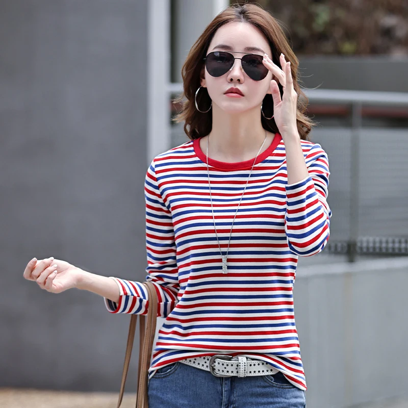 Striped T Shirt Long Sleeve Women Cotton Spring Casual Tops Korean Style Tshirts Woman Clothes Tee Shirt Femme Camisetas Mujer