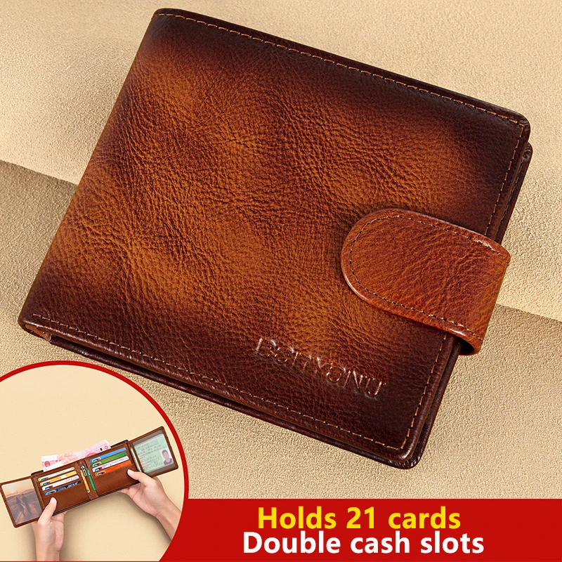 Men's Genuine Leather Wallet First Layer Cowhide Button Multi Card Slot Slim Wallet with Driver License Holder