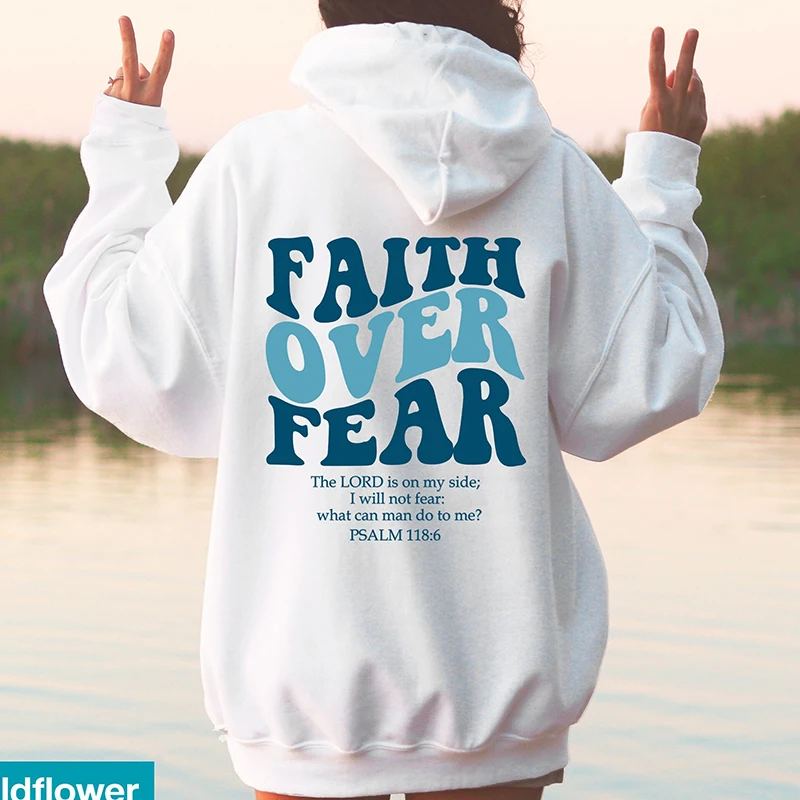 Faith Over Fear Back Printed Women Loose Hoodies Cotton Jumpers Vintage Clothes Harajuku O Neck Pullovers Y2k Long Sleeve Tops