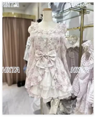 

Japanese Ruffled Lace-Up Mass-Produced Rose Ribbon Dress Short Skirt Set Women Liz Cute Girls Elegant Princess Lolita Dress Set