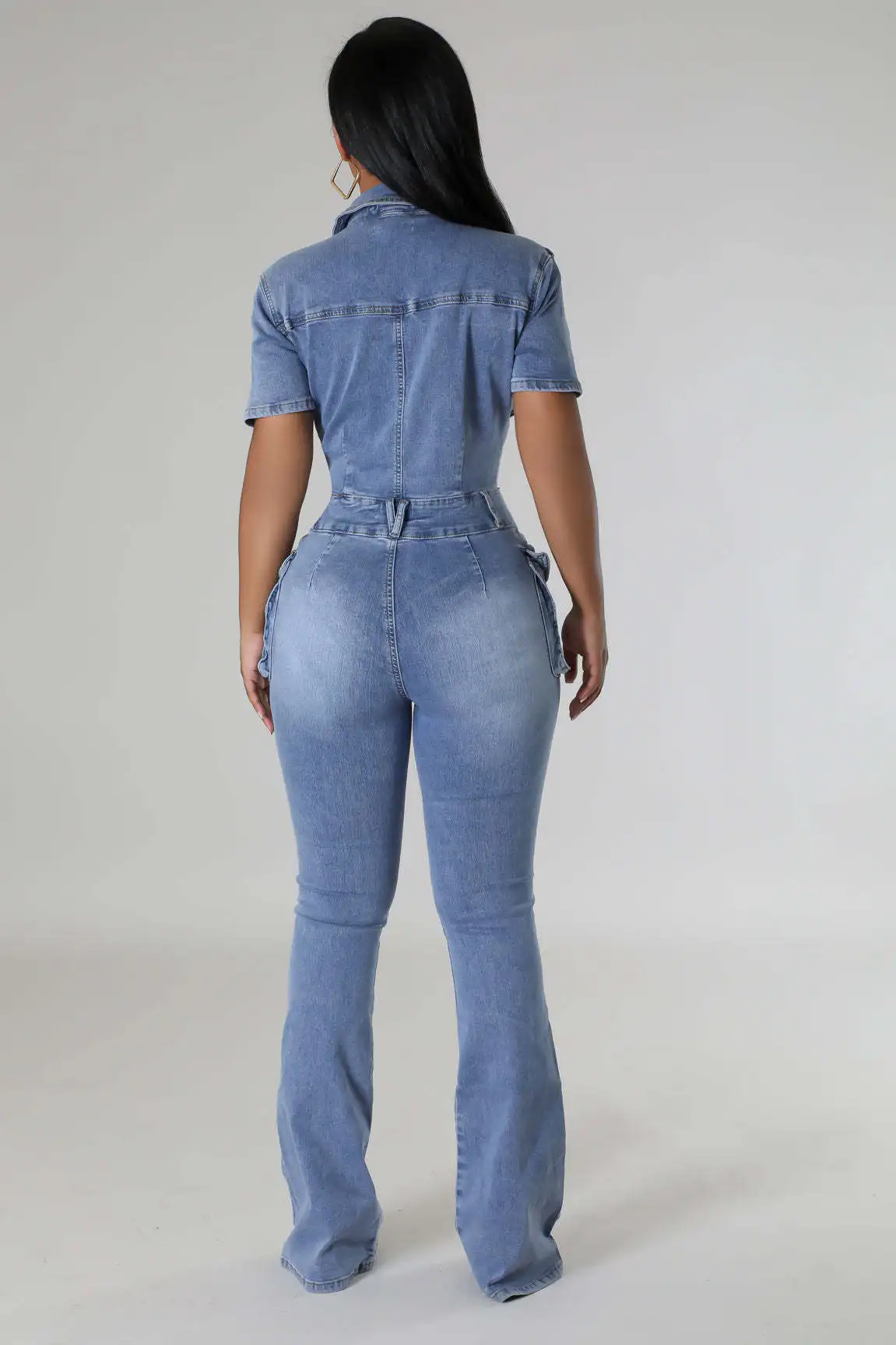 Women Jumpsuit Fashion Pocket Short Sleeve Tight Waist Denim Jumpsuits Lady Slim Fit Stretch Washed Flare Leg Jeans Jumpsuits