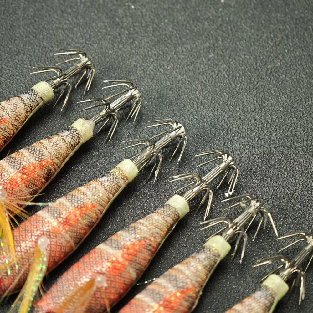 6 Stück/Set 8cm Garnelen-Köder Leuchtende Salzwasser-Angelköder Tintenfisch-Jig-Haken Garnelen Horizontaler Tintenfisch-Jig Egi-Set – Detail 3