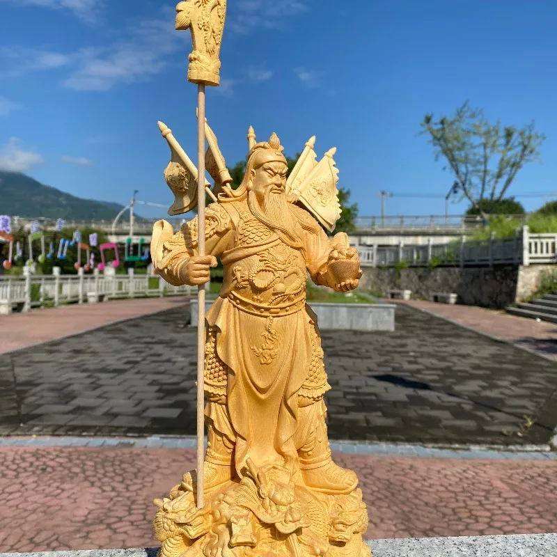 Guan Yu Wealth & War God Statue 30cm Hand-Carved Hinoki Wood with Ingot and Five Flags, Taoist Feng Shui Decor for Home, Office view 3