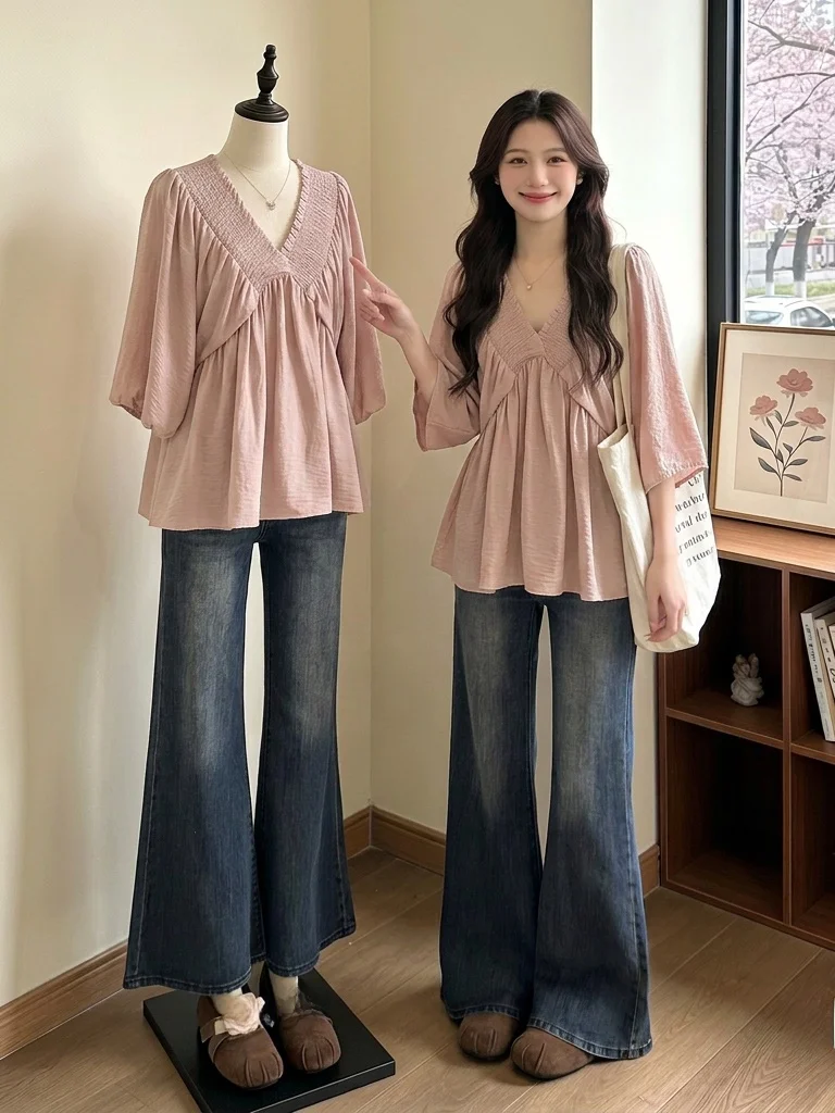 

Pink V-Neck Short Sleeve Shirt Women's plus Size Summer New Style Slimming Belly Covering Top Korean Style Commute Fashion