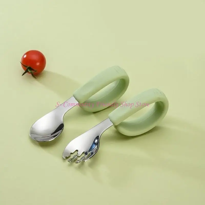

85AE Stainless Steel Spoon and Fork Set for Kids with Soft Silicone Handle Ergonomic Design Enjoy Easy Grip and Safe Eating