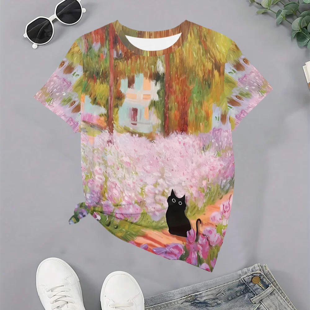 

Женская футболка с принтом Pink Garden Black Cat — летняя повседневная модная футболка с круглым вырезом и коротким рукавом