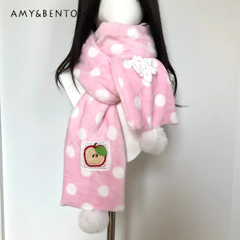 الأصلي لطيف البولكا نقطة الكرتون وشاح مطرز الخريف الشتاء جديد النمط الياباني Kawaii سميكة الدافئة الوردي وشاح المرأة