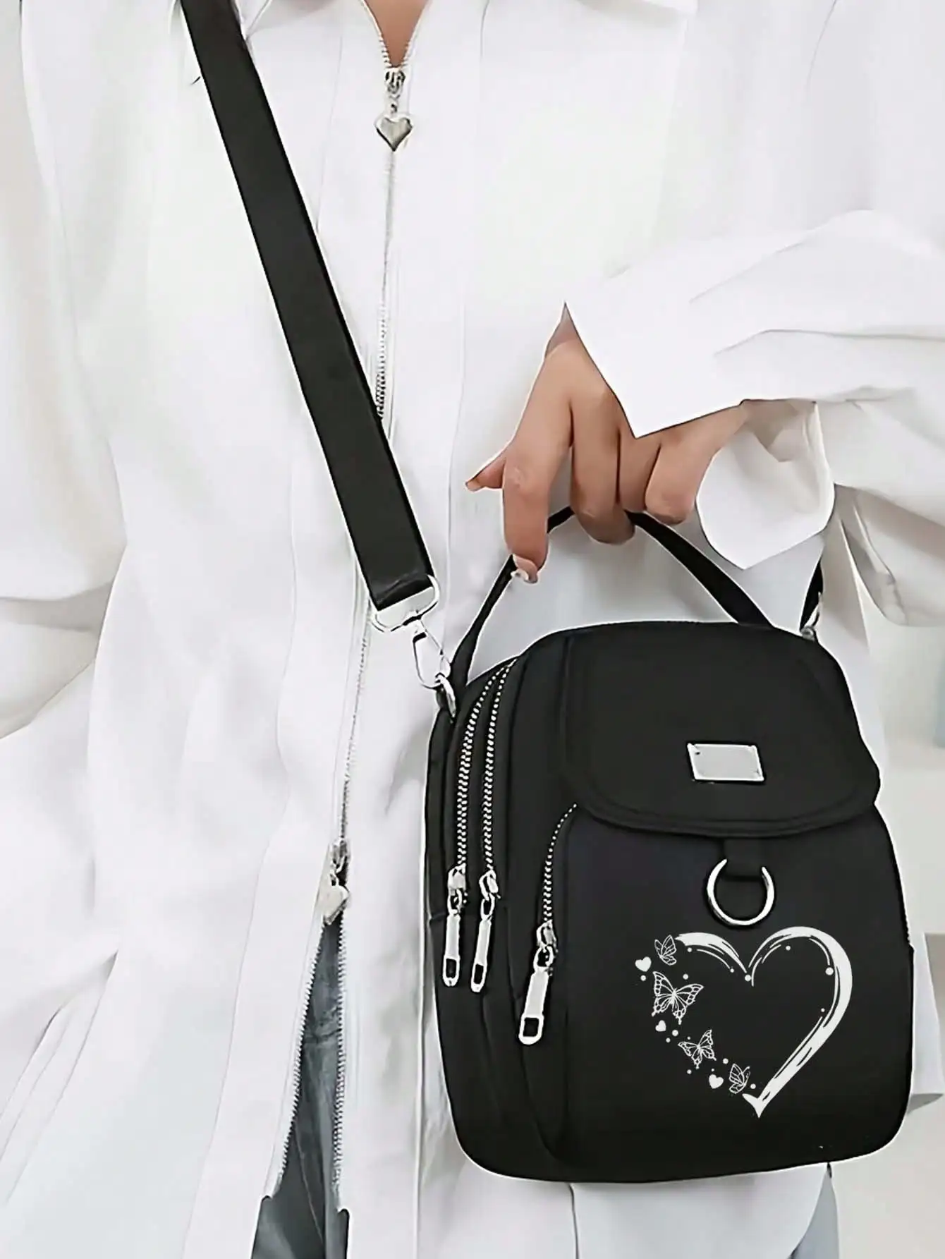 

1 шт. женская нейлоновая сумка через плечо с узором в виде сердца и бабочки, повседневная мини-сумка через плечо, регулируемая многослойная однотонная ручная сумка