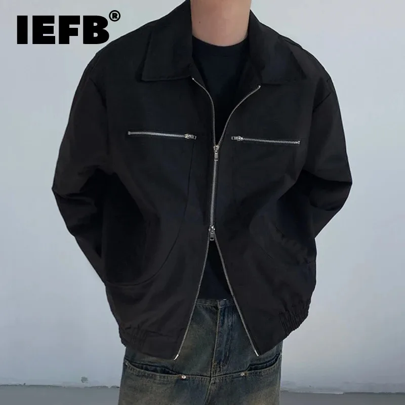 

IEFB Minimalist Design Male Jackets Loose Double Multi-zipper Turn-down Collar Solid Color Men's Coats New Fashion Autumn 9C6883