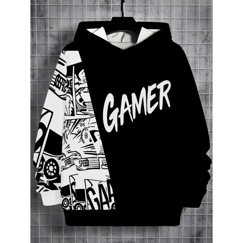 Kids Boys Gamer Street Comic Print Color Block Hoodie Casual Long Sleeve Sweatshirt Suitable for Outdoor and Birthday Gift