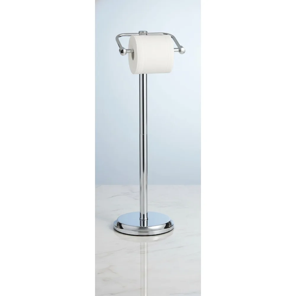 

Free Standing Toilet Paper Holder with Weighted Base - Chrome Bathroom Tissue Stand for Small Spaces, Holds Jumbo Rolls