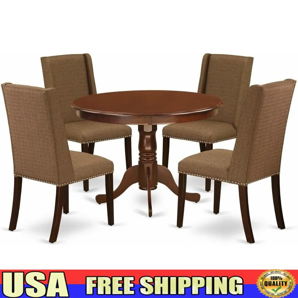 

5 Piece Modern Dining Table Set Round Wood Table with Pedestal 4 Padded Parson Chairs Linen Fabric High Back Elegant Dining Room