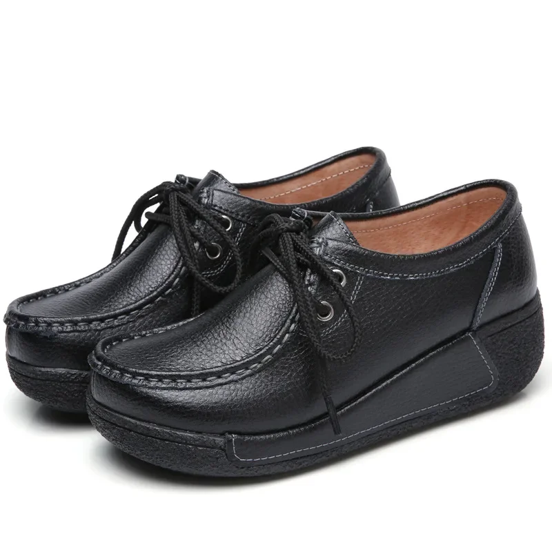 Loafers Shoes Women Flats Comfortable  Woman Breathable Leather Lace-up Sneakers Women Fashion Black Soft Casual Shoes Female