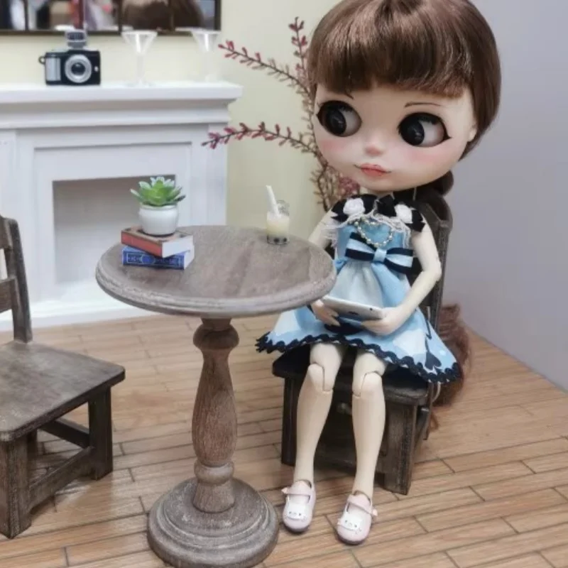 1/6 Domek dla Lalek Model Mebli Akcesoria Vintage Drewniany Okrągły Stół Krzesło Jadalniane Stolik Kawowy Bjd Ob11 Gsc Blyth Lol Miniaturki