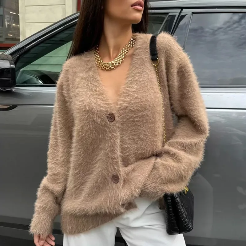 

Lazy Style Faux Mink Fur Knitted Cardigan 2025 Autumn and Winter New Loose V-neck Casual Sweater for Women Clothes