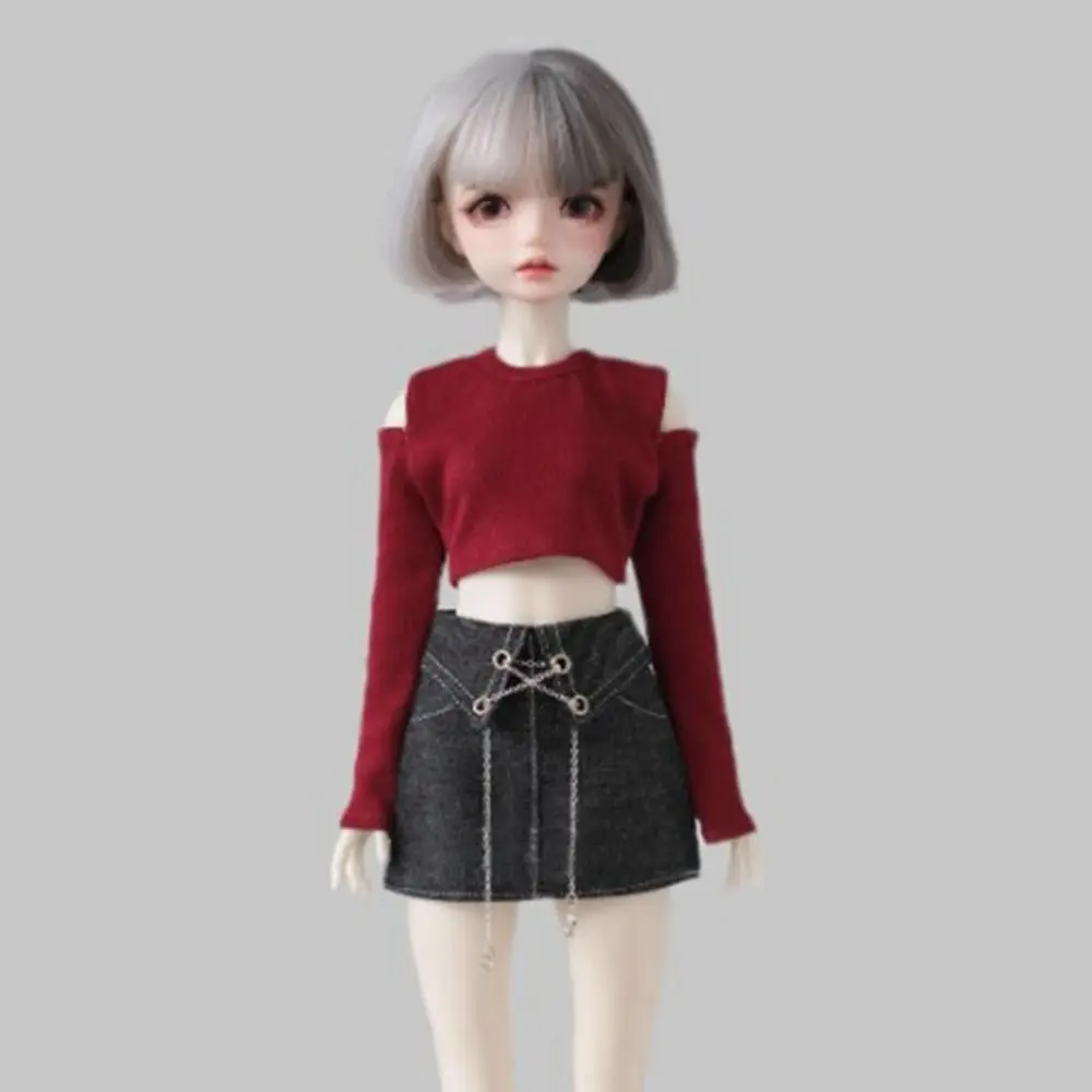 Moda fora do ombro camiseta bonito com corrente saia jeans mini acessórios diy saia de princesa roupas para 1/6 bjd 30cm bonecas