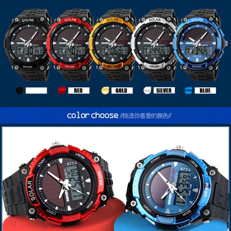 SKMEI Brand Solar Powered Men Sports Watches Outdoor Military LED Watch Fashion Digital Quartz Watches Multifunction