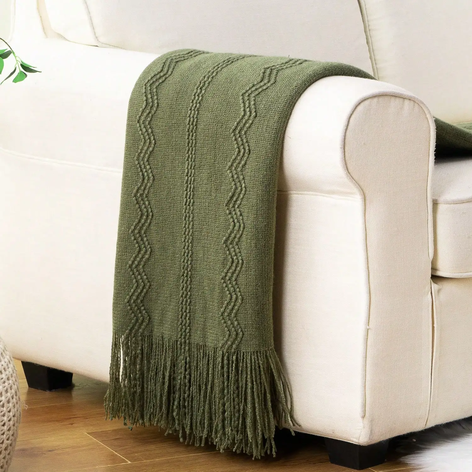 Green Throw Blanket For Couch, Army Green Blanket With Tassels For Home Decor,Boho Decorative Knitted Throws, Living Room Decor, 50