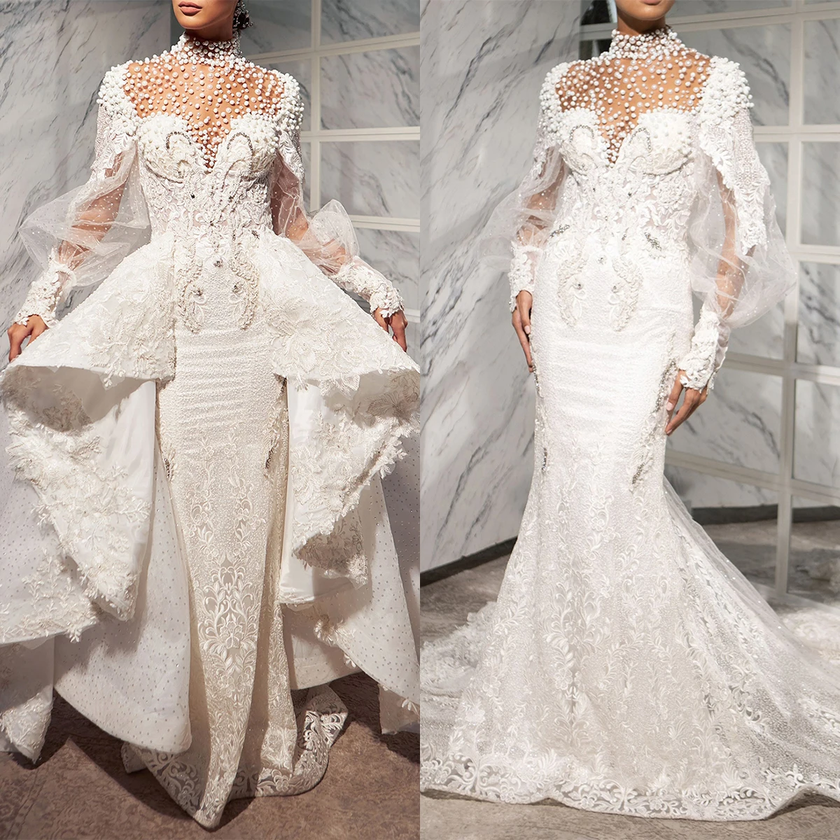 

Elegant Mermaid Wedding Dresses Beads Appliques Lace High Collar Bridal Gowns Customized Detachable Train Vestidos De Fiesta