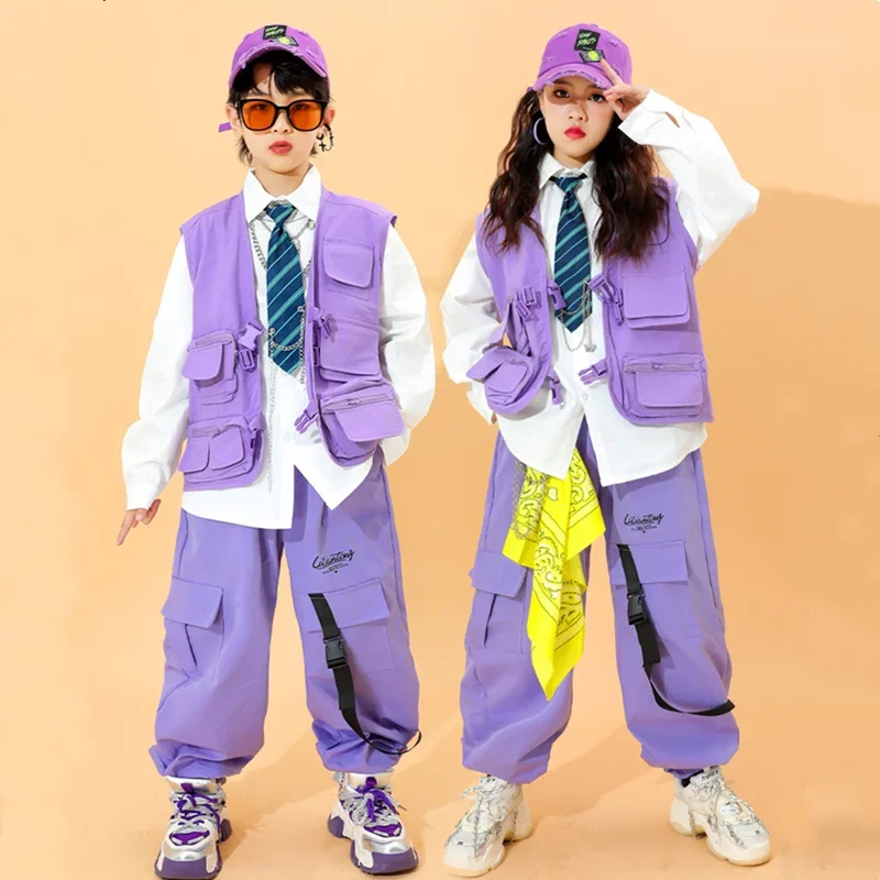 Children Hip Hop Purple Vest Cargo Pants Girls Streetwear Boys Street Dance Joggers Kids Jazz Costumes Fashion Clothes Sets