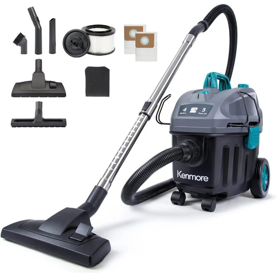 

KW3050 4 Gallon Wet Dry Canister Vacuum Cleaner with Washable HEPA Filter 5 Peak HP 2-Stage Motor for Hard Floor and Carpet Bla