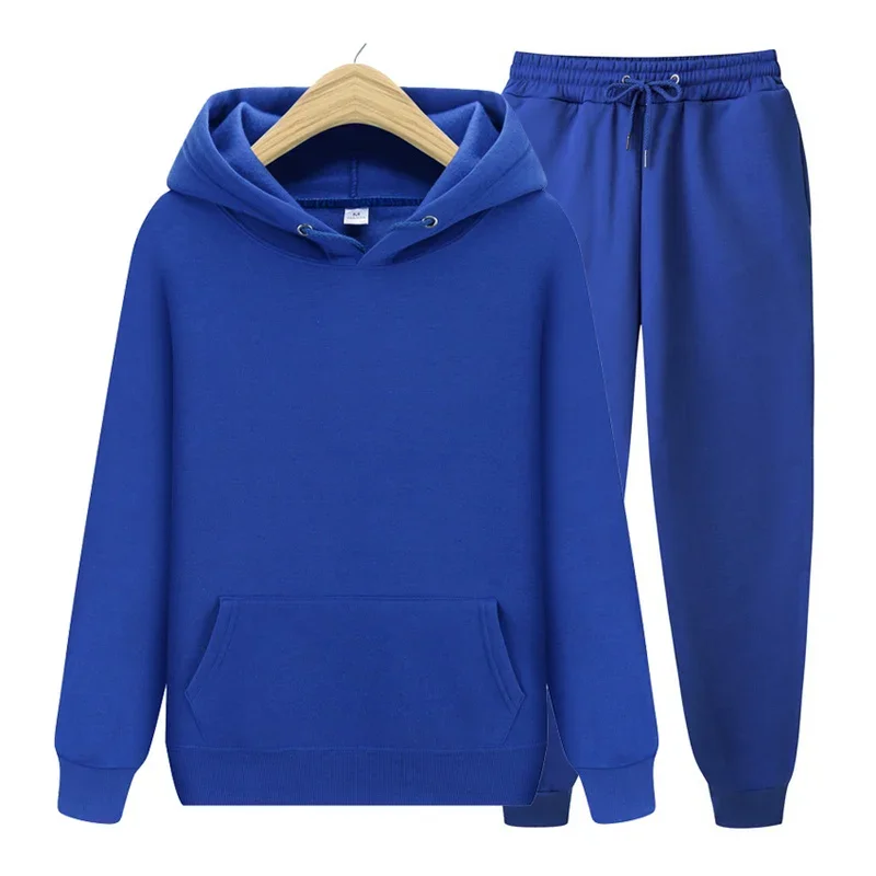 Men Solid Color Casual Hooded Sweatshirt Suits Autumn Winter Elasticated Waist Lace-up Long Pants New Male Sports Two Piece Sets