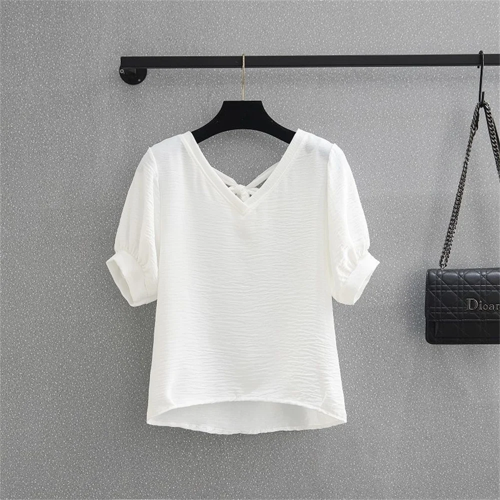 V-Neck Chiffon Shirt Female Short Sleeve Blouse Shirts womens tops and blouses Top New Summer Women Blouse Loose womens clothing