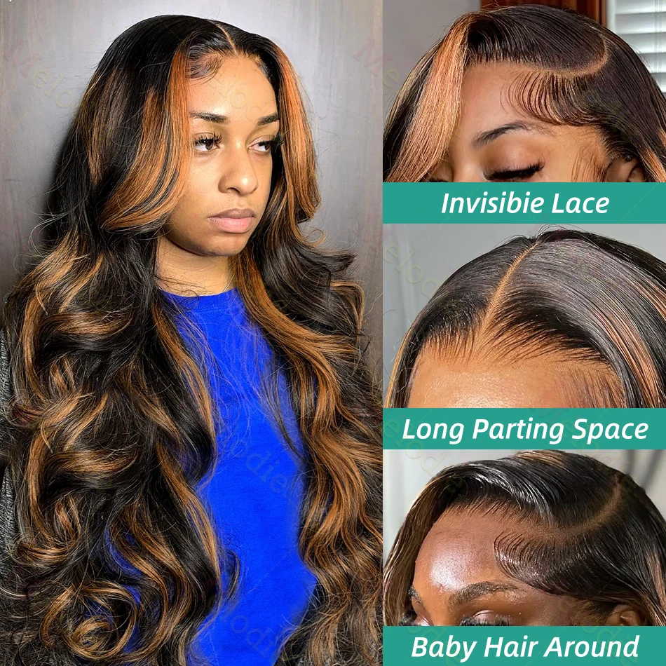 Lovely 200% HD 13X6 Ombre Highlight 1B/30 Black Brown Body Wave Lace Front Human Hair Wigs Transparent 13x4 Lace Frontal Wig image 5