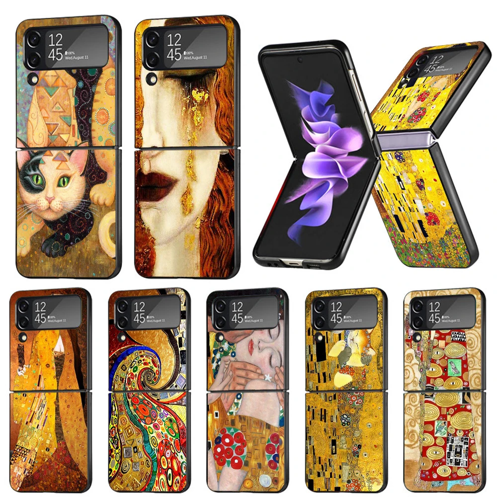 Kiss by Gustav Klimt Desig Hard Black Cover for Samsung Galaxy Z Flip 4 3 5 5G Phone Case Flip4 Flip3 Flip5 Pattern Luxury Shock