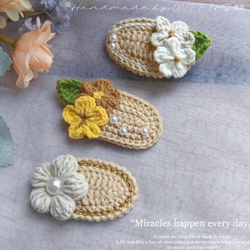 1 Pcs Khaki Barrettes Girl Wool Knitting Headwear Pure Handmade Crochet Clips Embroidered Flowers Women Hair Accessories