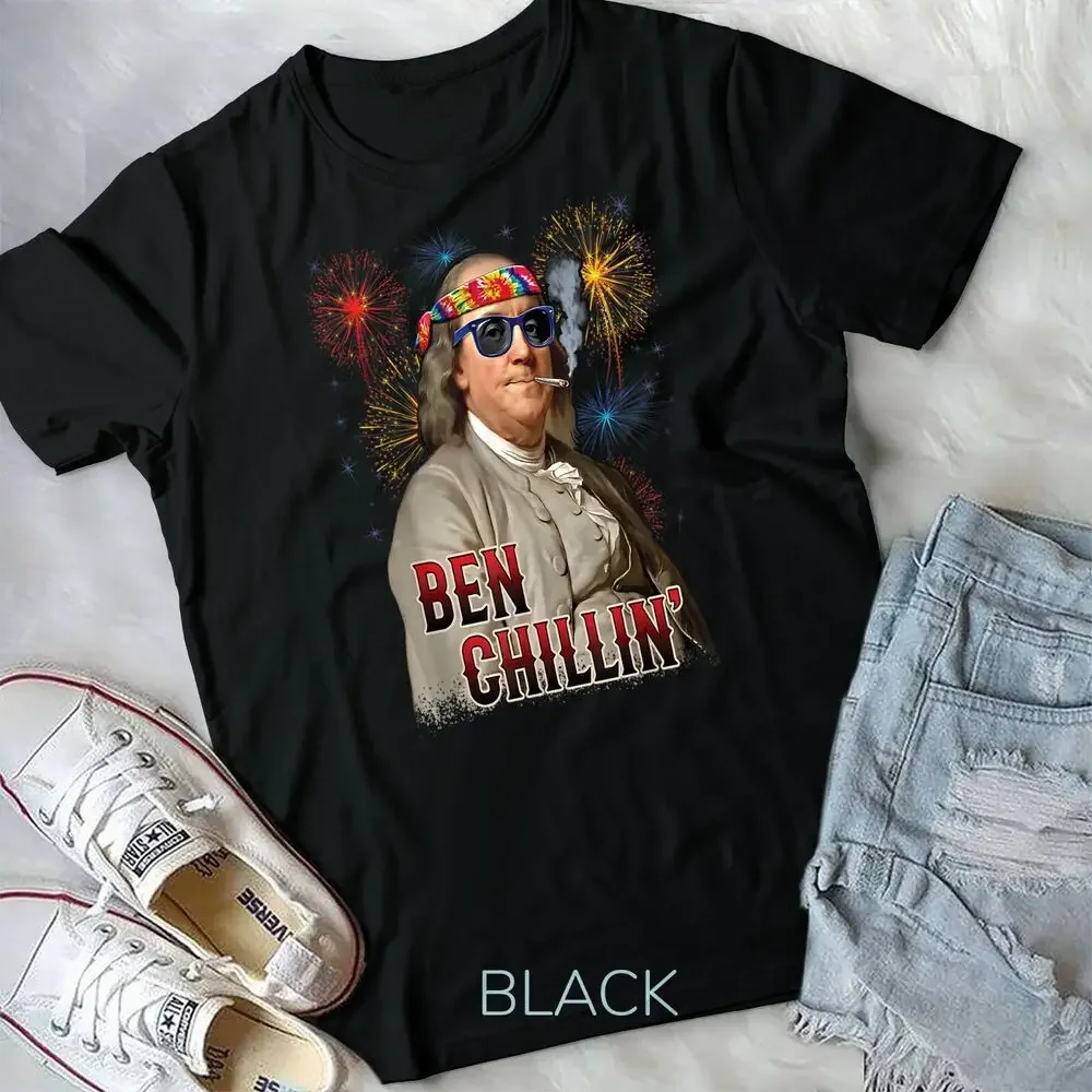 Ben Chillin' Stoner Ben Franklin 4th of July Fireworks T-Shirt Unisex T-shirt High Quality 100%Cotton Short Sleeve