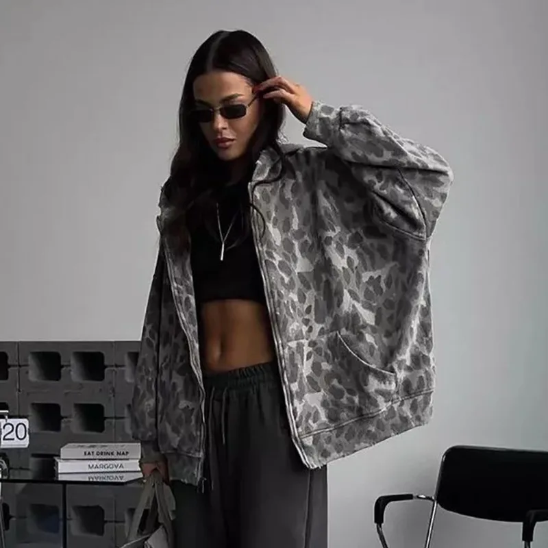 

Камуфляжная толстовка на молнии с капюшоном для женщин, осенний свободный уличный стиль, ретро-дизайн, куртка с капюшоном