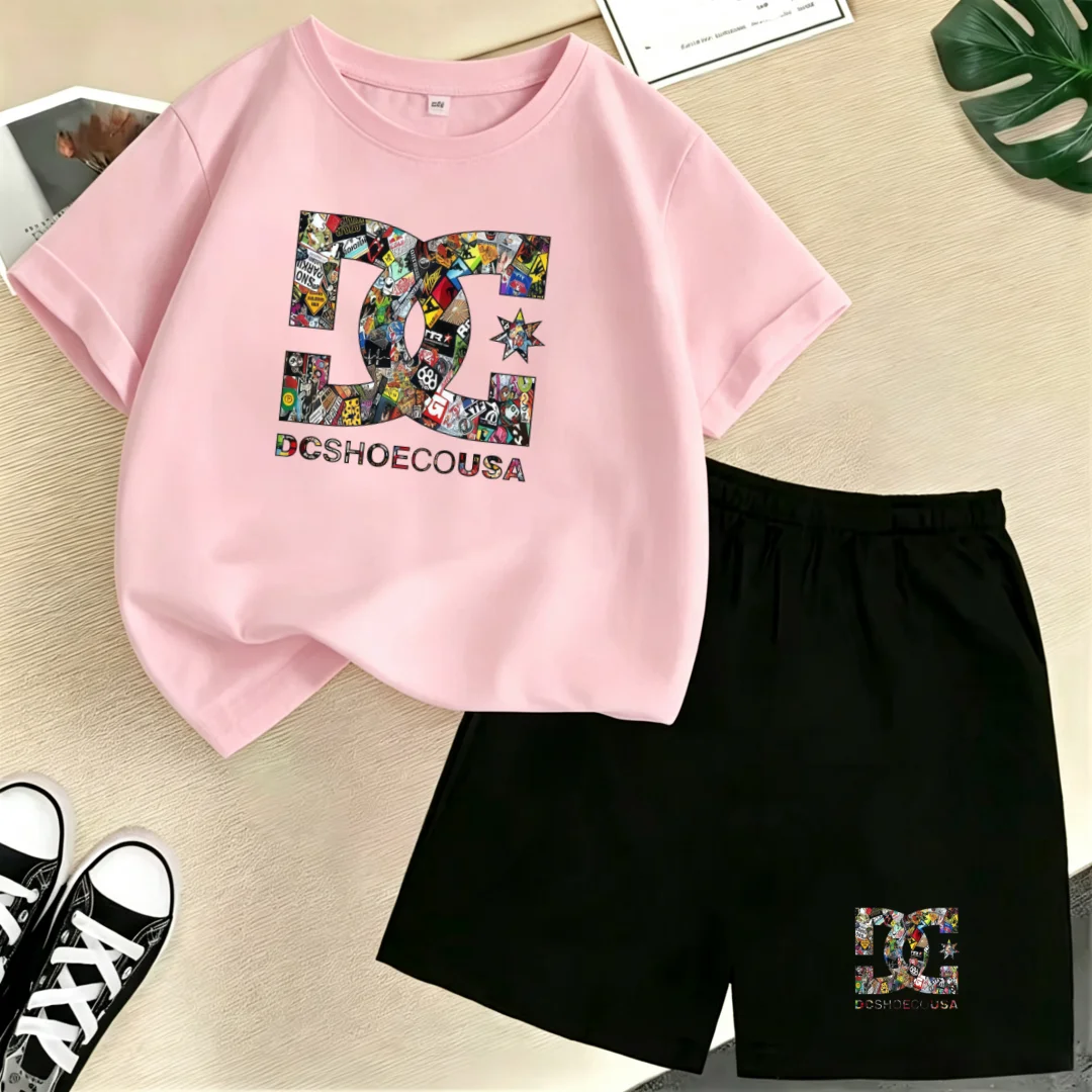 

Kids Summer Round Neck T-shirt Colorful Letter Boy Girl 3-12Years Short-Sleeved+Shorts Fashion Sports Clothes Jogging Street Set