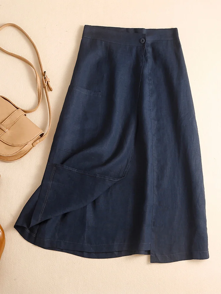 

Женская льняная юбка с высокой талией в стиле ретро, повседневная юбка трапециевидной формы средней длины, асимметричная, однотонная, летняя