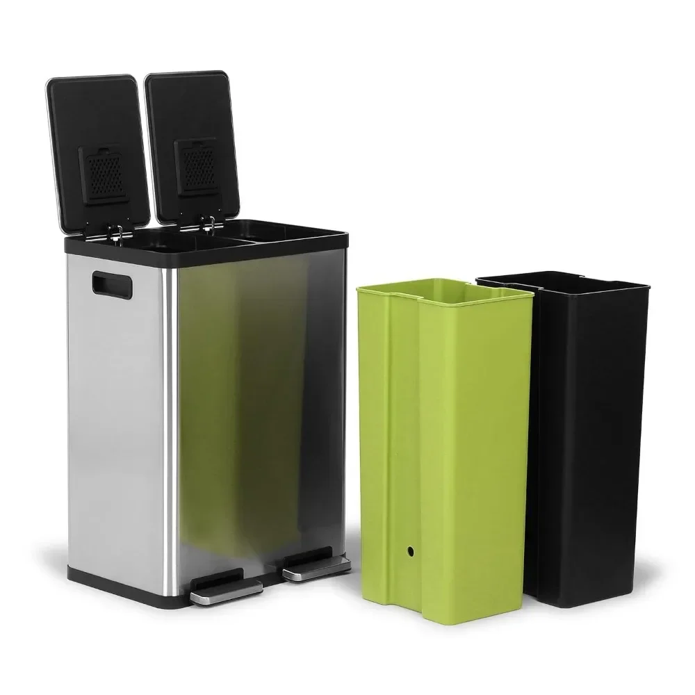 60 Liter / 16 Gallon Rectangular Hands-Free Dual Compartment Recycling Kitchen Step Trash Can with Soft-Close Lid