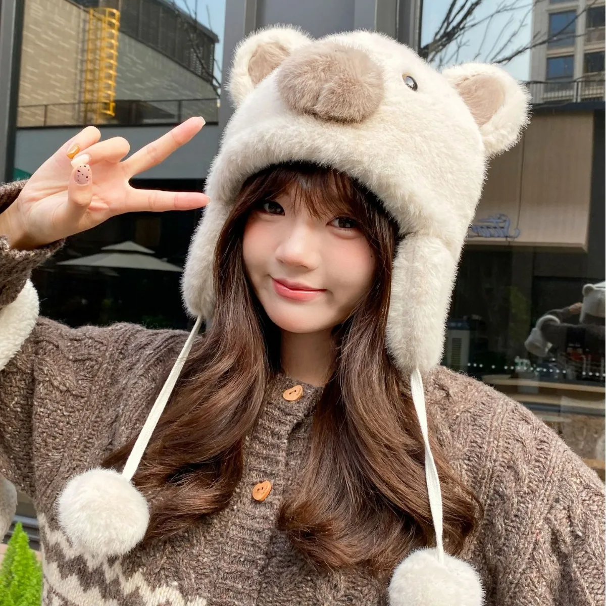 Korean Sweet Plush Furry Bear Hats for Women Show Face Small Autumn and Winter Warm Ear Protection Cute Pom-pom Strap Bomber Cap