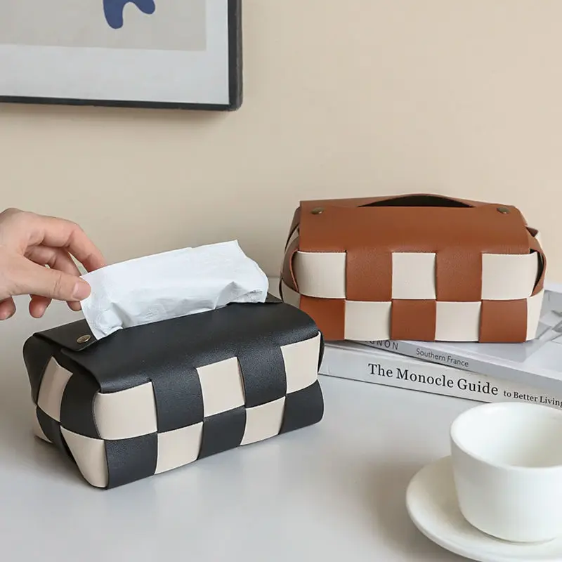 Decorative Rectangular Tissue Box Case Pu Color Blocked Plaid Napkin Holderliving Room Bathroom Modern Tissue Box Holder