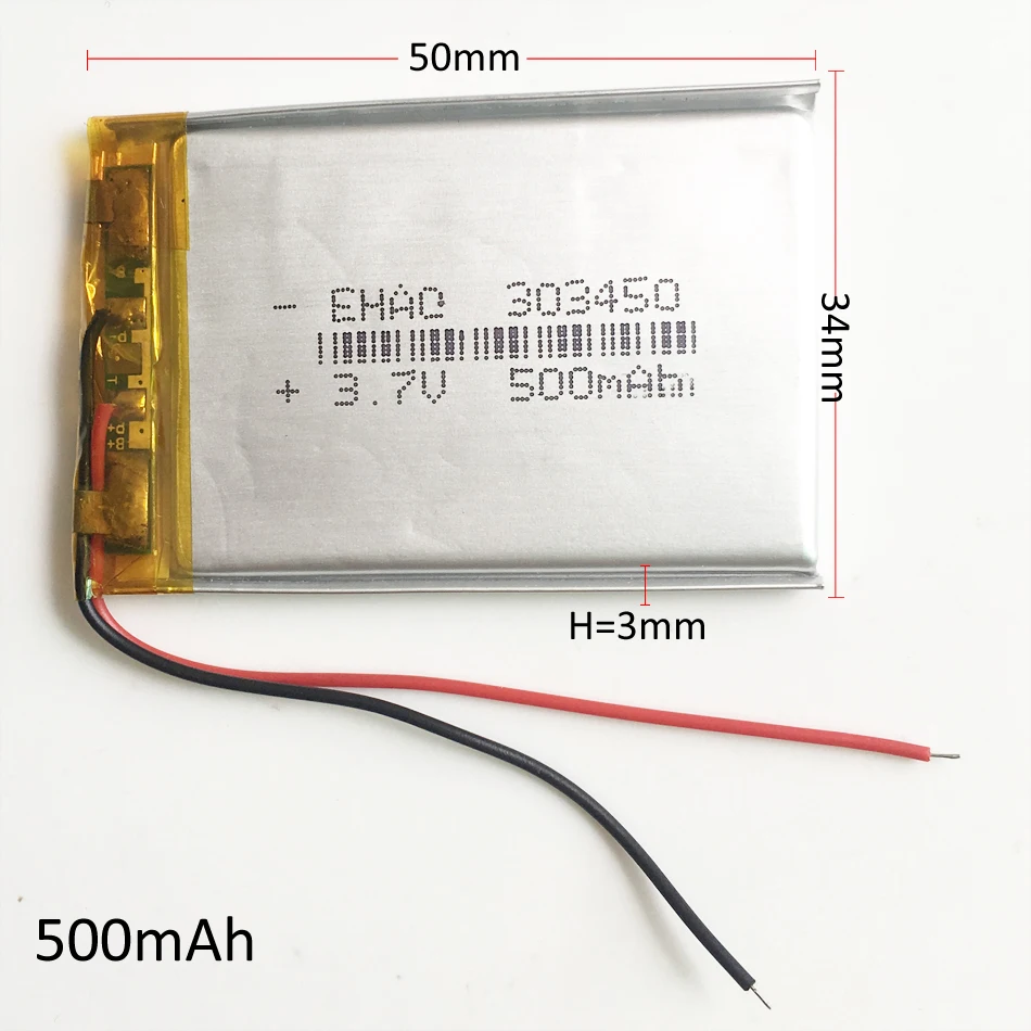 3.7V 500mAh 303450   Akumulator litowo-polimerowy Lipo do MP3 GPS DVD PSP Rejestrator Bluetooth E-book Camera