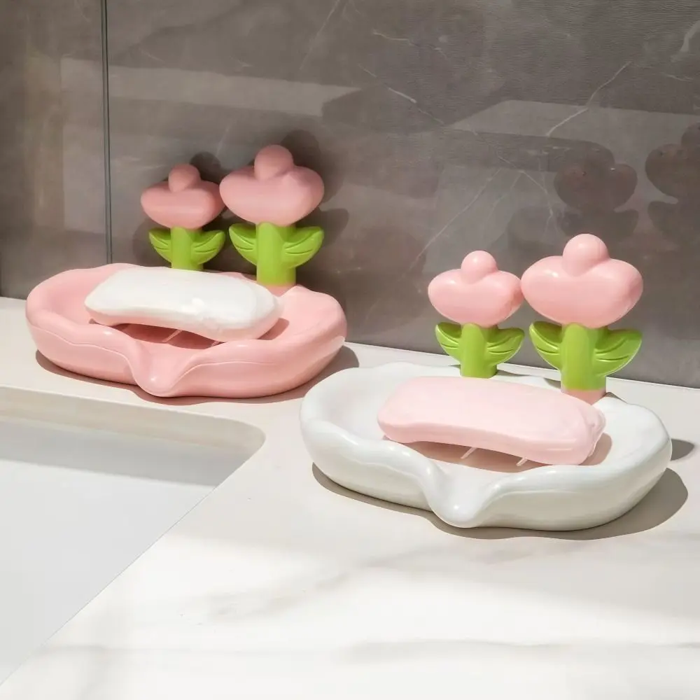 Tulip Design Soap Dish with Drainage Trough, No Drilling Anti-slip Soap Tray, Solid Color Soap Storage Rack for Bathroom
