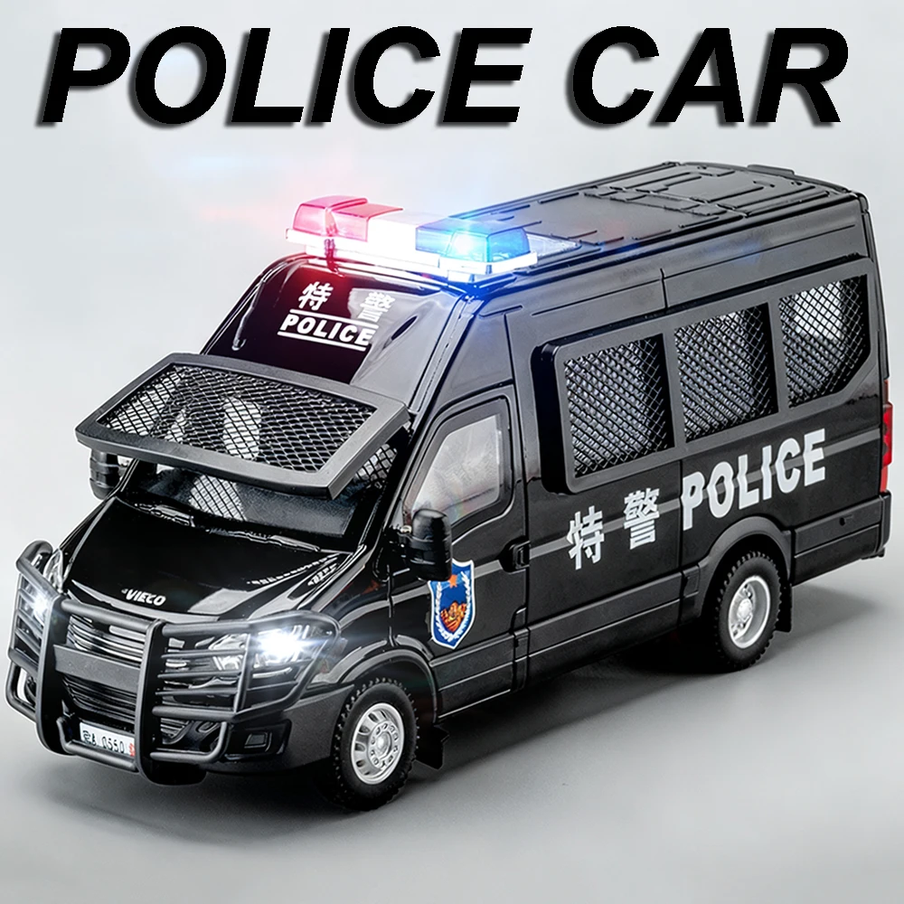 1:24 modelo spinosaurus brinquedo carros de polícia metal diecast som luz portas abertas puxar para trás simulação veículos off-road para meninos
